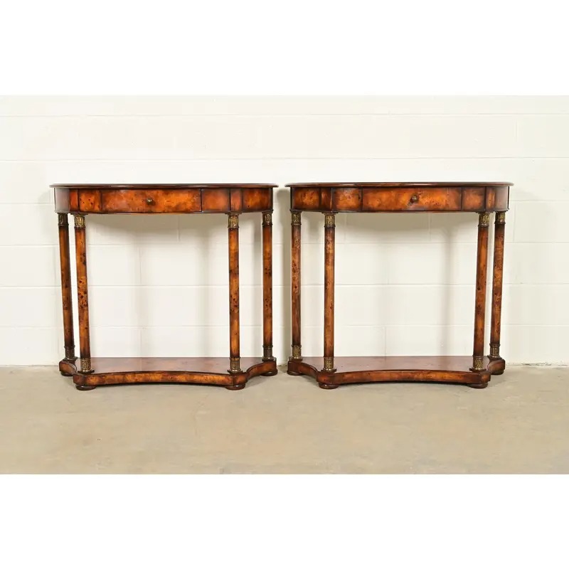 Maitland Smith Style French Empire Burl Wood and Gold Gilt Demilune Console Tables, Pair - Image 2