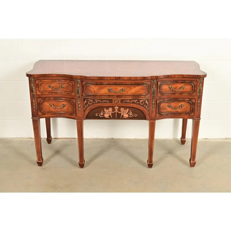 Maitland Smith Style French Regency Louis XVI Carved Mahogany and Burl Wood Sideboard Credenza - Image 2