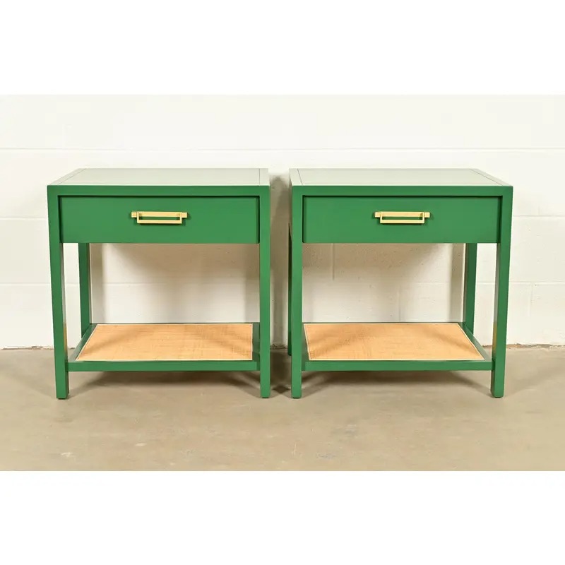Michael Taylor for Baker Furniture Mid-Century Hollywood Regency Green Lacquer and Cane Campaign Nightstands, Newly Refinished - Image 2