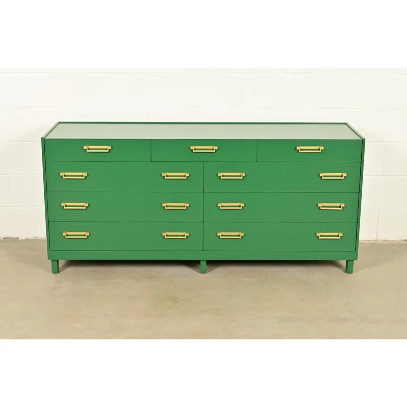 Michael Taylor for Baker Furniture Mid-Century Hollywood Regency Green Lacquered Campaign Dresser, Newly Refinished - Image 2