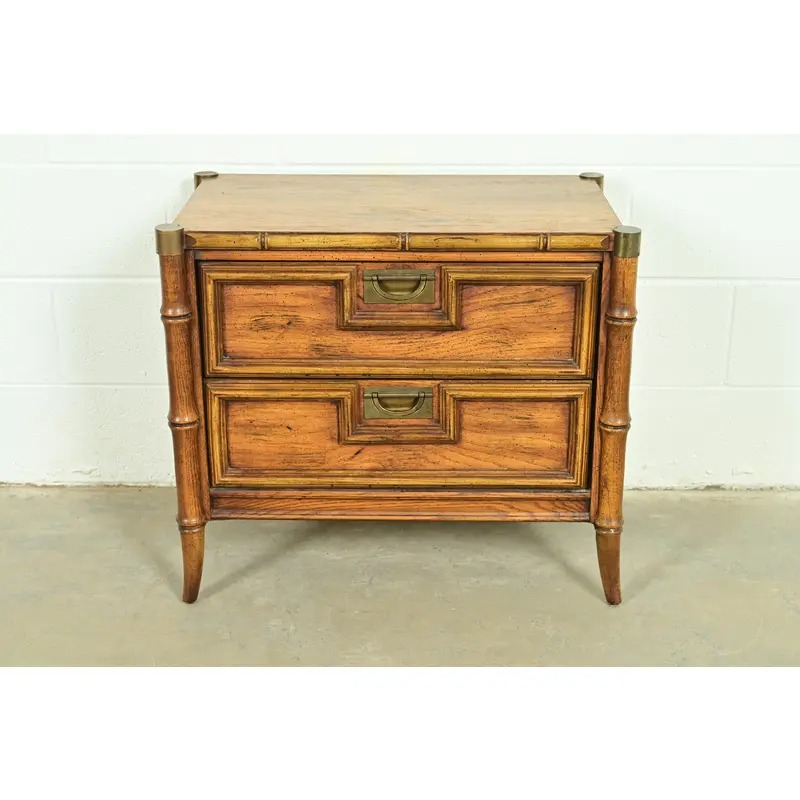 Mid-Century Hollywood Regency Campaign Carved Walnut Faux Bamboo Nightstand by Stanley, Circa 1960s - Image 2