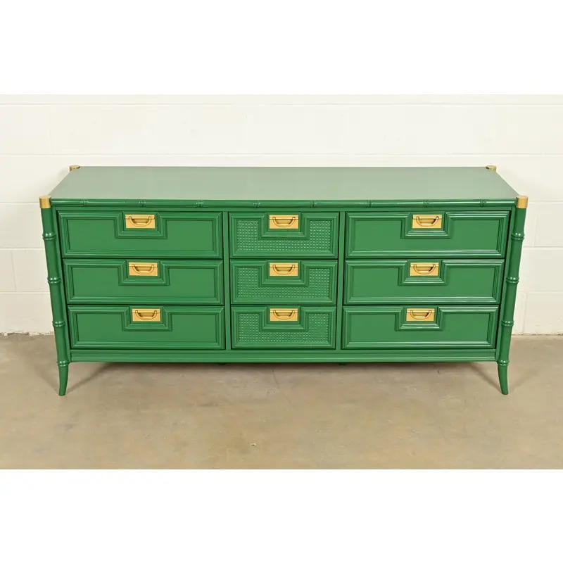 Mid-Century Hollywood Regency Campaign Green Lacquered Faux Bamboo Triple Dresser or Credenza by Stanley, Newly Refinished - Image 2