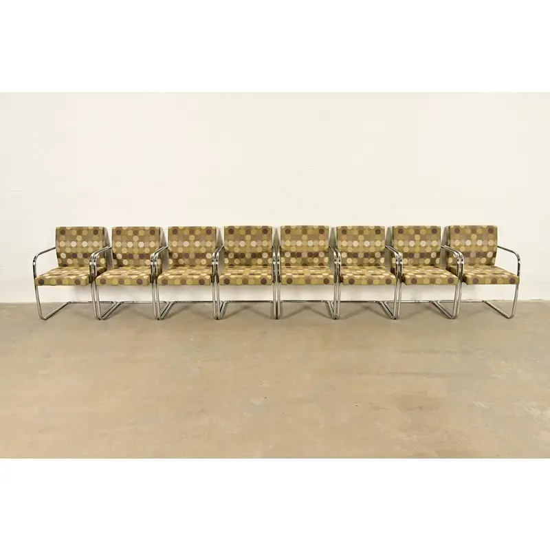 Mies Van Der Rohe Brno Style Mid-Century Modern Chrome Tubular Cantilever Club Chairs, Set of Eight - Image 2