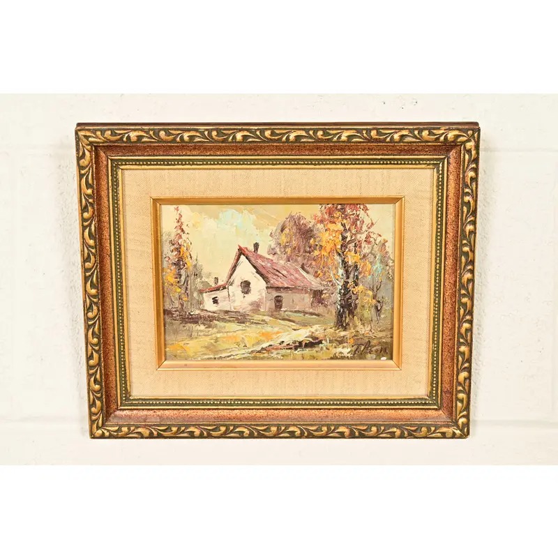Original Artist Signed Impressionist Rural Landscape Oil on Canvas Painting of Cottage in Carved Giltwood Frame - Image 2