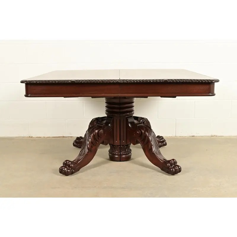 R. J. Horner Antique Victorian Carved Mahogany Split Pedestal Extension Dining Table With Lion Paw Feet, Newly Refinished - Image 2