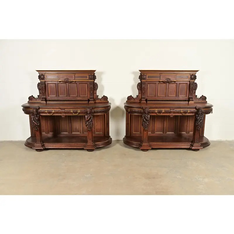 R. J. Horner Renaissance Revival Ornate Carved Oak Sideboards or Bar Cabinets, Circa 1880s - Image 2