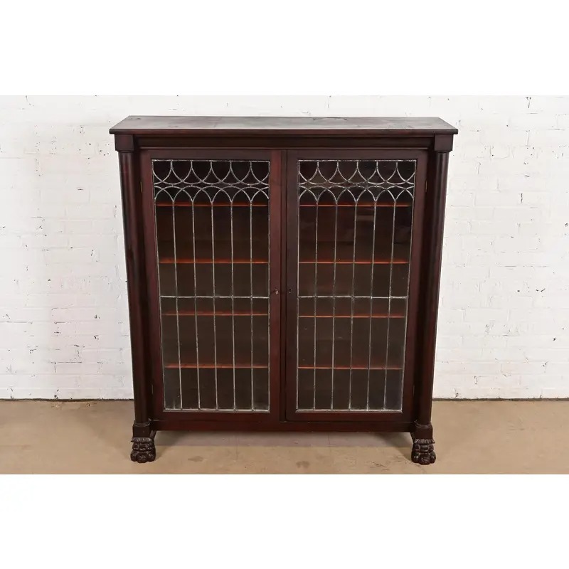 R. J. Horner Style Antique American Empire Carved Mahogany Leaded Glass Front Double Bookcase Cabinet, Circa 1890s - Image 2