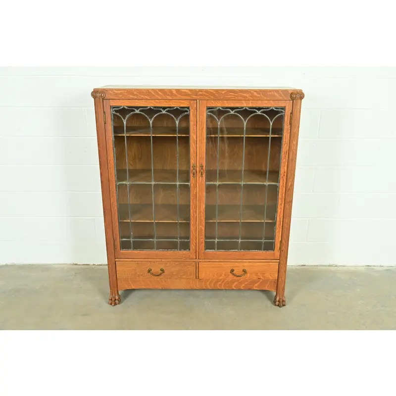 R. J. Horner Style Antique American Empire Carved Tiger Oak Double Bookcase Cabinet With Leaded Glass Doors, Circa 1890s - Image 2