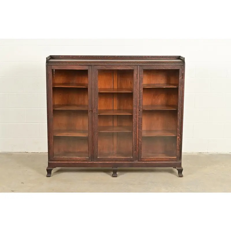 R. J. Horner Style Victorian Carved Oak Glass Front Triple Bookcase, Circa 1890s - Image 2