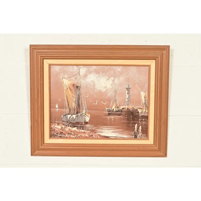 Rikard Lindström Original Signed Oil Painting on Canvas of Ships in Harbor in Carved Wood Frame - Image 2