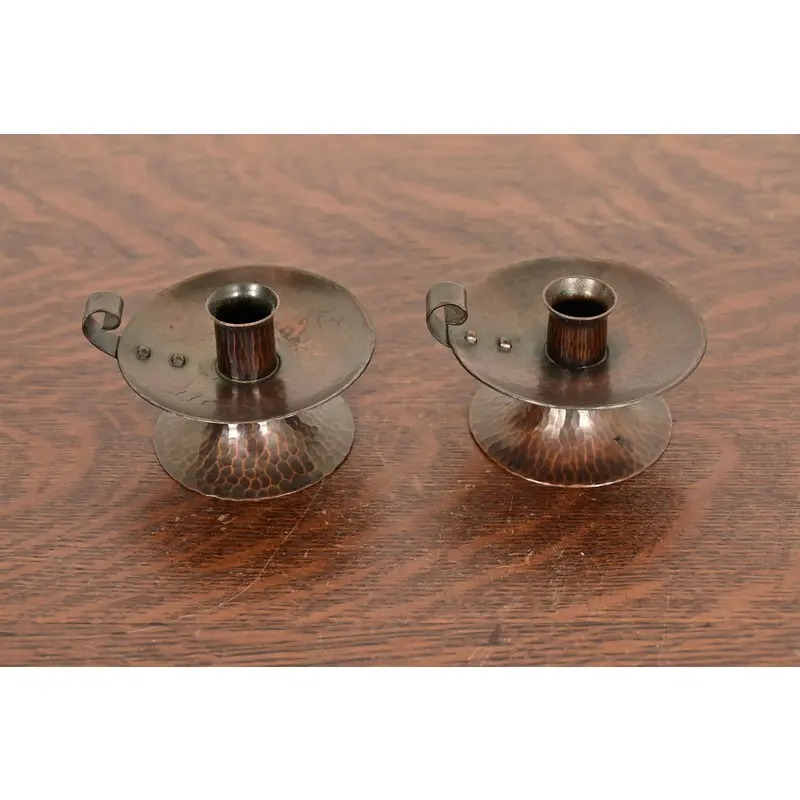 Roycroft Arts & Crafts Hammered Copper Handled Candlesticks, Pair - Image 2