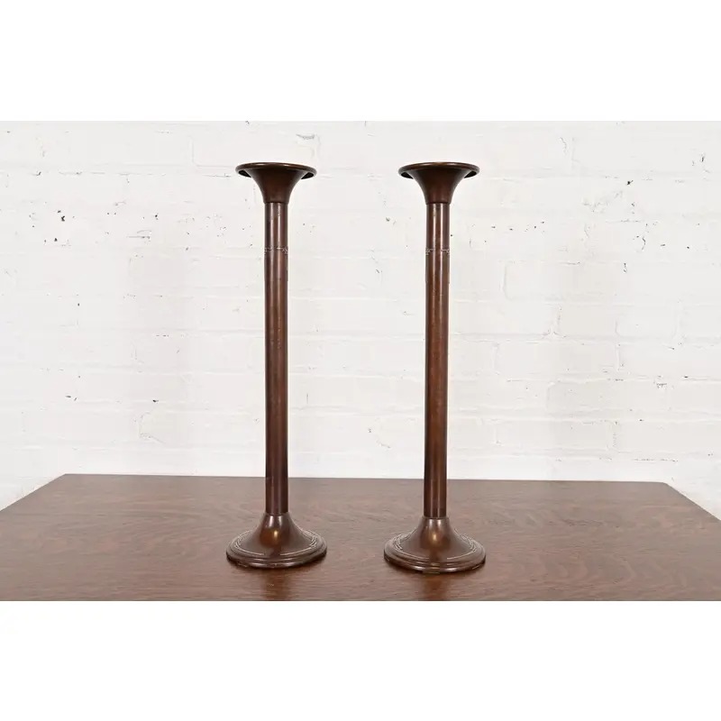 Silver Crest Arts & Crafts Sterling Silver on Bronze Tall Candlesticks, Pair - Image 2