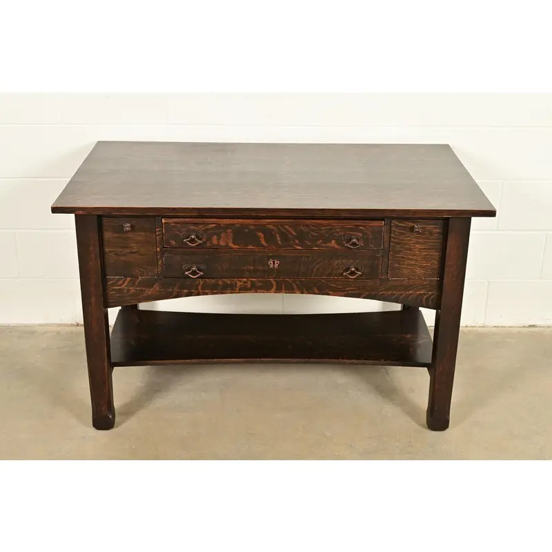 Stickley Brothers Style Antique Mission Oak Arts & Crafts Desk or Library Table, Circa 1910 - Image 2