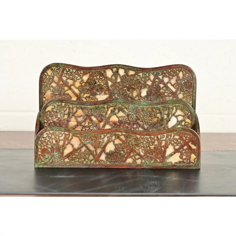Tiffany Studios New York Grapevine Pattern Bronze and Favrile Slag Glass Letter Rack - Image 2