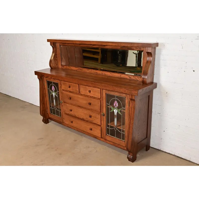 Antique Arts & Crafts Carved Oak Sideboard or Bar Cabinet With Stained Glass Doors, Newly Refinished - Image 3