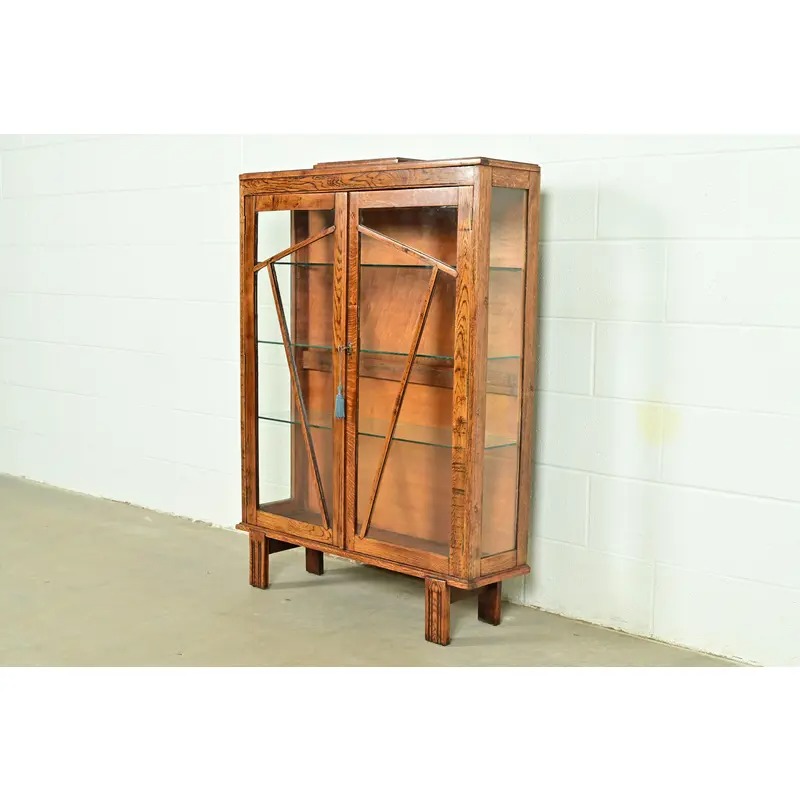 Antique English Art Deco Carved Oak Bookcase or Display Cabinet, Circa 1920s - Image 3