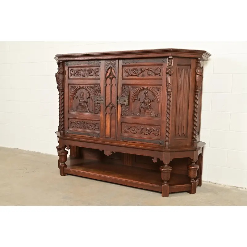 Antique French Gothic Revival Oak Bar Cabinet With Carved Figures, Circa 1890s - Image 3