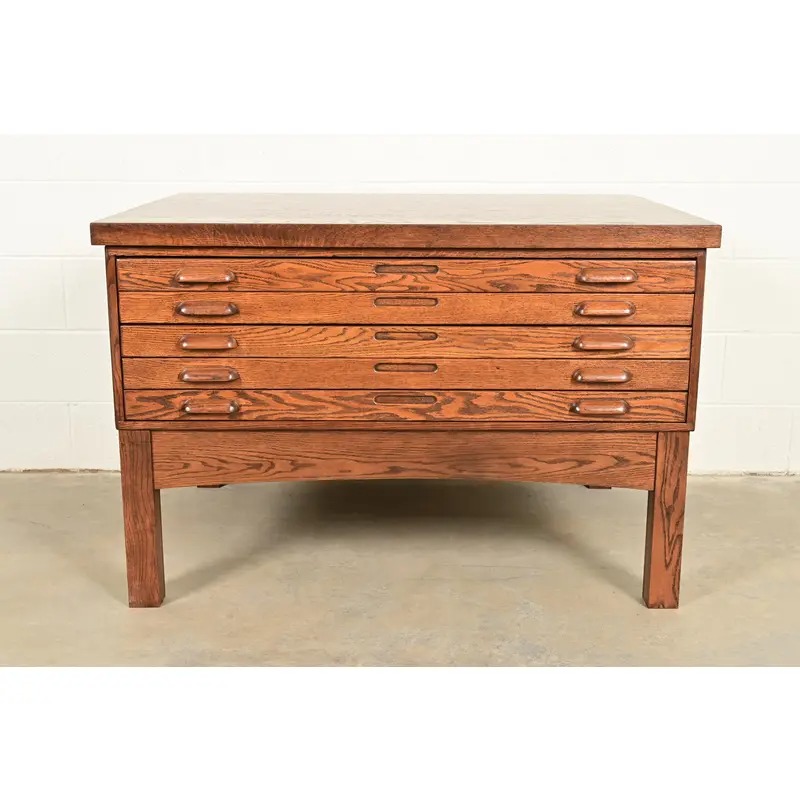 Antique Oak Arts & Crafts 5-Drawer Architect's Blueprint Flat File Cabinet, Newly Refinished - Image 3