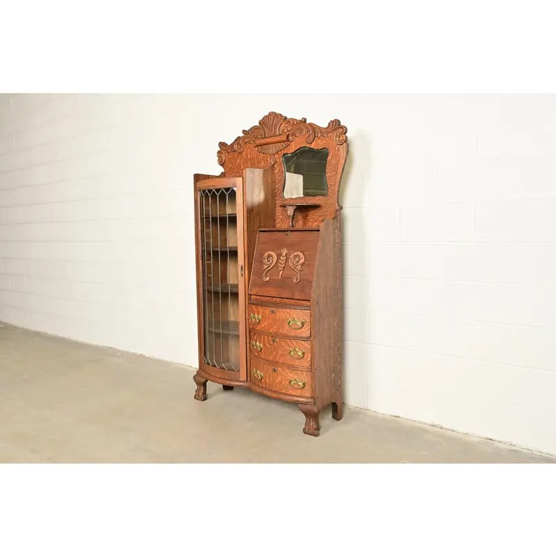 Antique Victorian Carved Tiger Oak Side-by-Side Bookcase With Drop Front Secretary Desk, Circa 1900 - Image 3