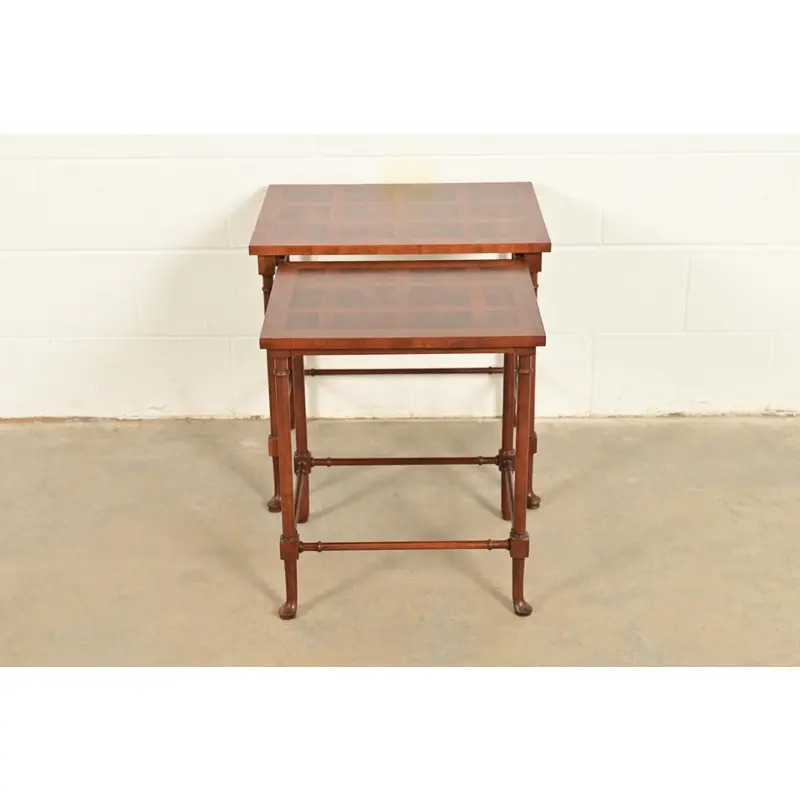 Baker Furniture English Regency Walnut and Burl Wood Parquet Top Nesting Tables, Pair - Image 3