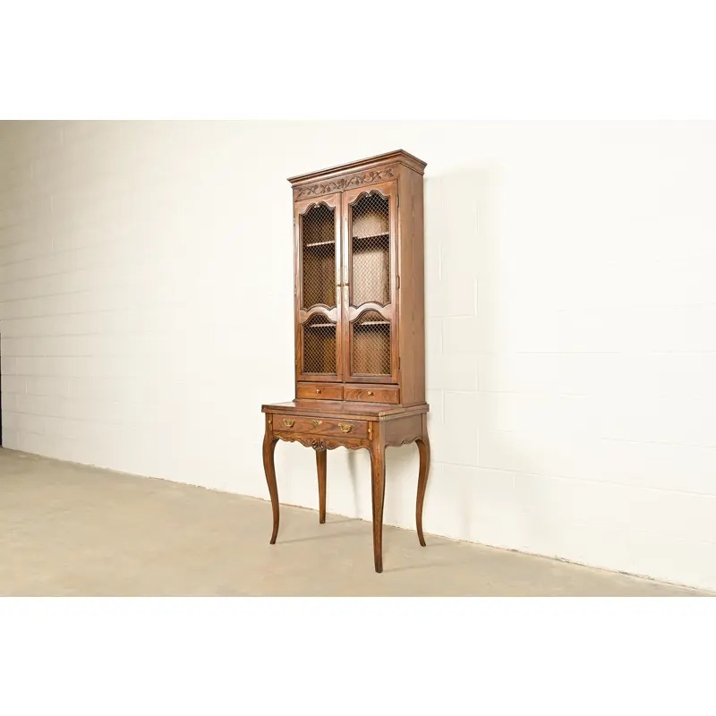 Baker Furniture French Provincial Louis XV Carved Oak Secretary Desk With Bookcase Hutch, Circa 1960s - Image 3