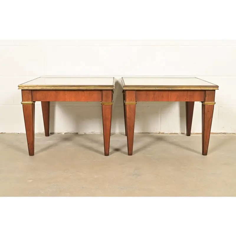 Baker Furniture French Regency Louis XVI Cherry, Burl Wood, and Brass Side Tables, Pair - Image 3
