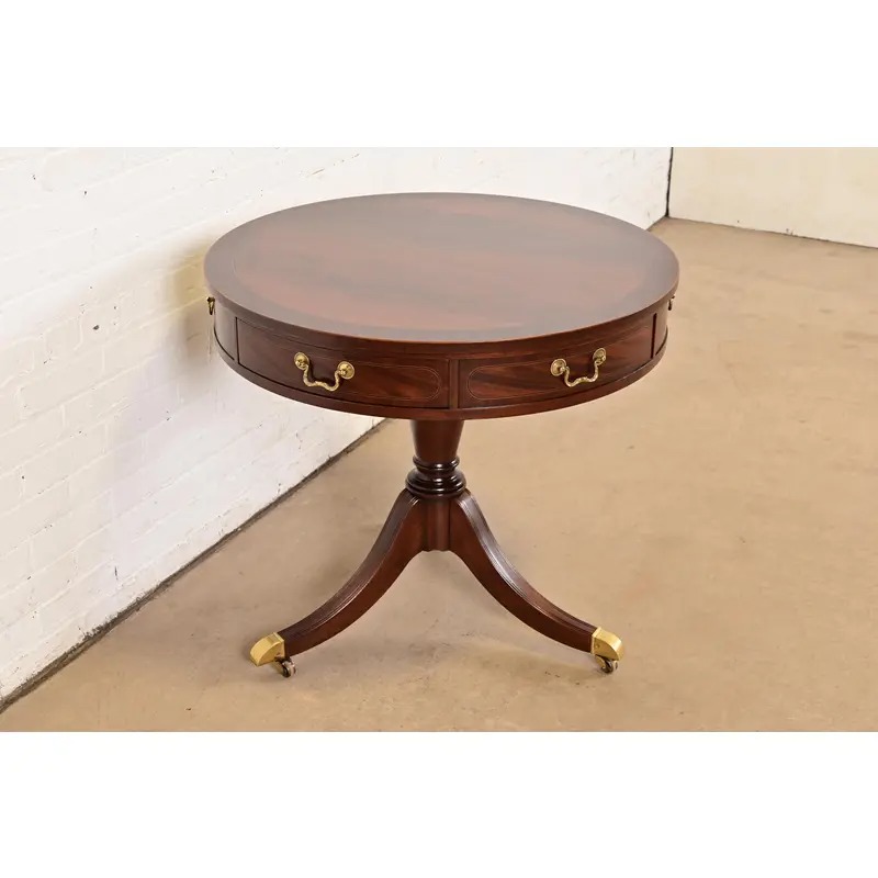 Baker Furniture Georgian Flame Mahogany Pedestal Drum Side Table or Tea Table, Newly Refinished - Image 3