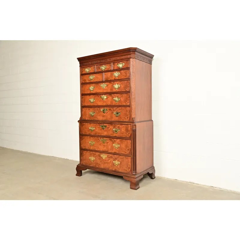 Baker Furniture Historic Charleston Chippendale Carved Mahogany and Burl Wood Eleven-Drawer Highboy Dresser - Image 3
