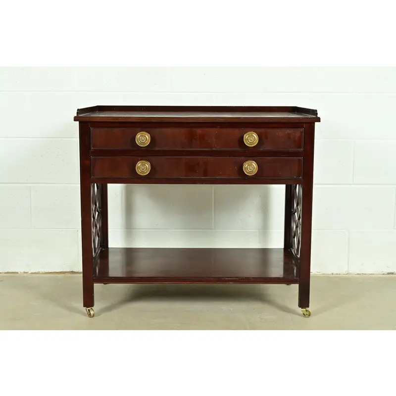 Baker Furniture Historic Charleston Chippendale Carved Mahogany Rolling Buffet Server or Bar Cart - Image 3