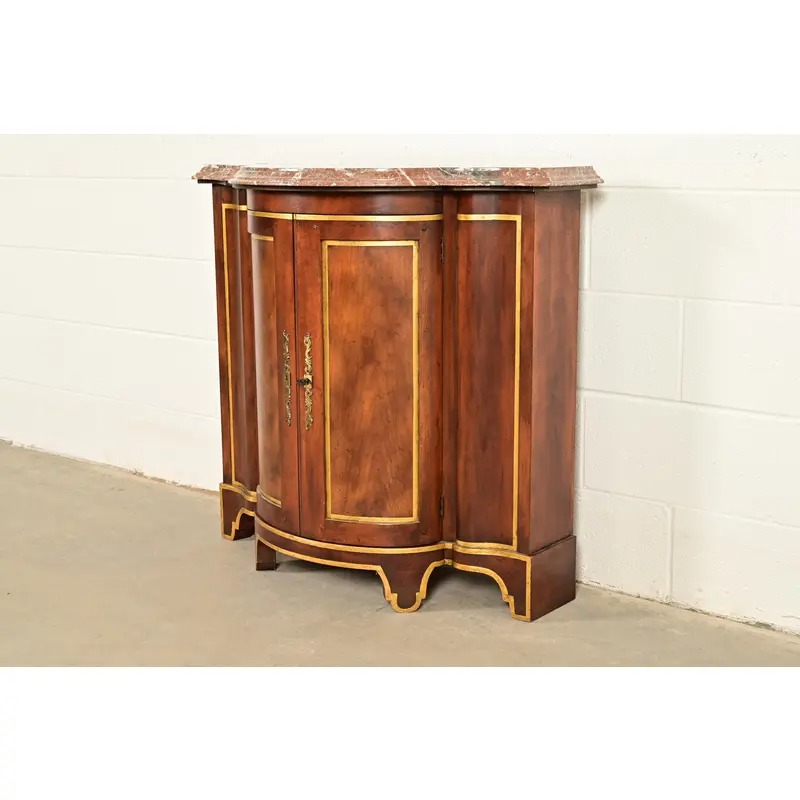 Baker Furniture Italian Provincial Carved Cherry Wood, Parcel Gilt, and Marble Top Demilune Sideboard or Bar Cabinet - Image 3