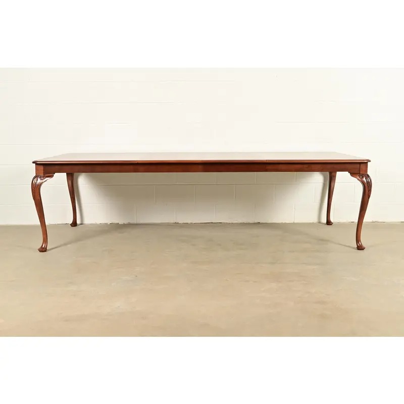 Baker Furniture Queen Anne Carved Cherry and Burl Wood Extension Dining Table, Newly Refinished - Image 2