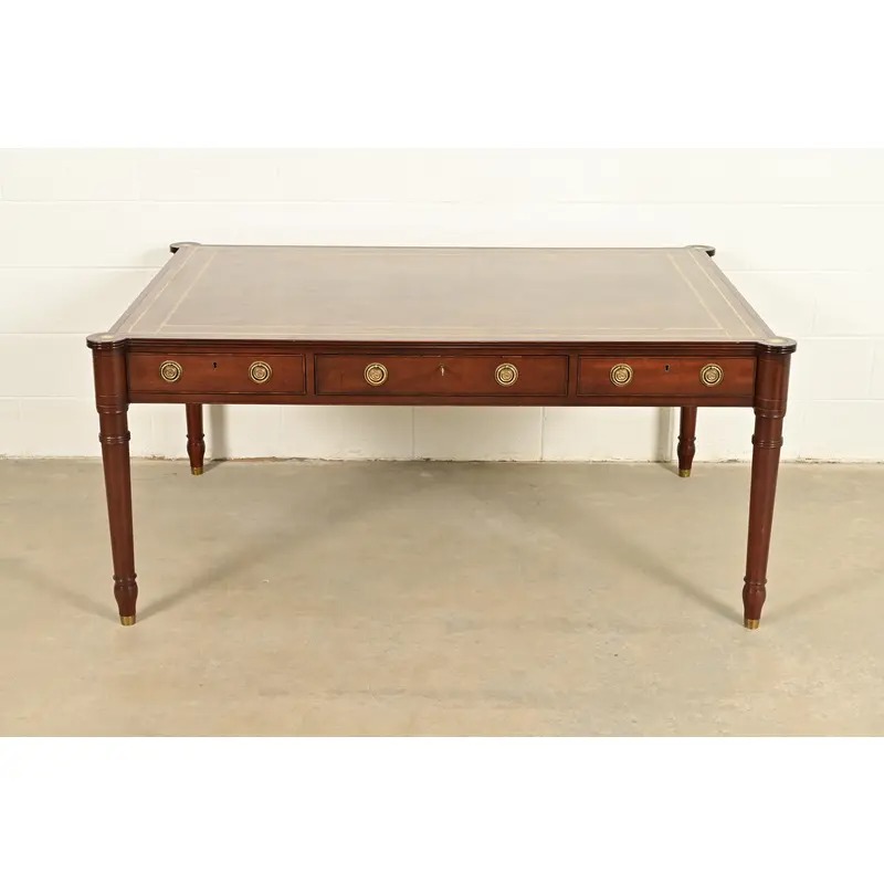 Baker Furniture Stately Homes Collection English Regency Carved Mahogany Leather Top Partner's Desk - Image 3