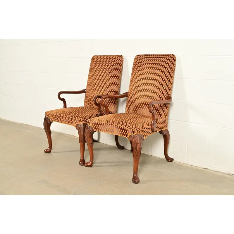 Baker Furniture Stately Homes Georgian Carved Mahogany Open Arm Library Chairs, Pair - Image 3