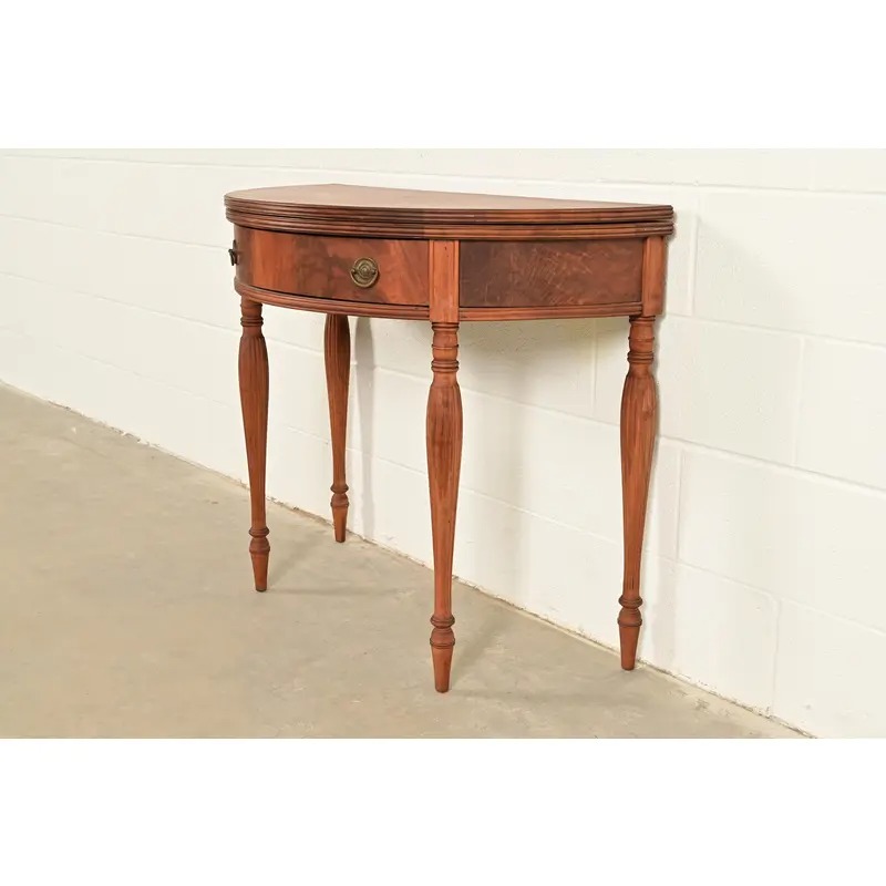 Baker Furniture Style Antique Federal Flame Mahogany Flip Top Demilune Console Game Table, Circa 1920s - Image 3