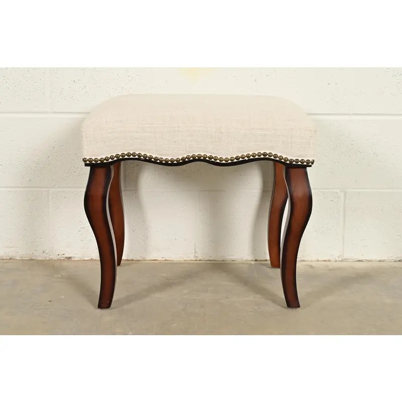 Baker Furniture Style French Provincial Louis XV Carved Mahogany Upholstered Stool or Ottoman - Image 3