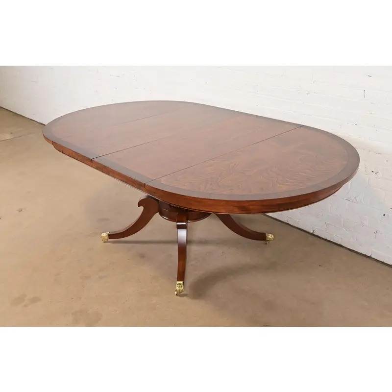 Baker Furniture Style Georgian Banded Mahogany and Burl Wood Pedestal Extension Dining Table, Newly Refinished - Image 3
