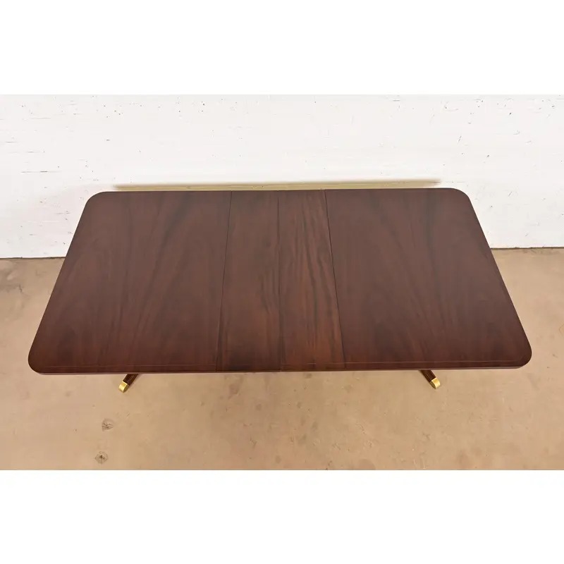Baker Furniture Style Georgian Banded Mahogany Double Pedestal Extension Dining Table, Newly Refinished - Image 3