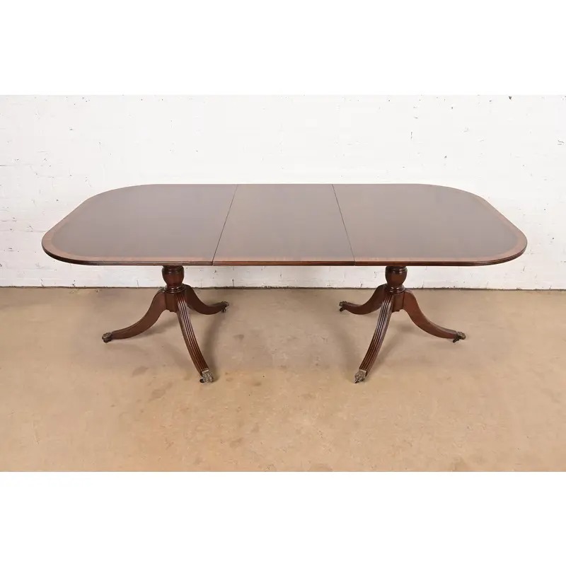 Baker Furniture Style Georgian Banded Mahogany Double Pedestal Extension Dining Table, Newly Refinished - Image 3