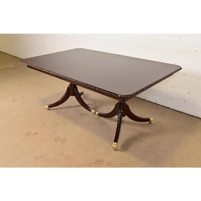 Baker Furniture Style Georgian Mahogany Double Pedestal Extension Dining Table, Newly Refinished - Image 3