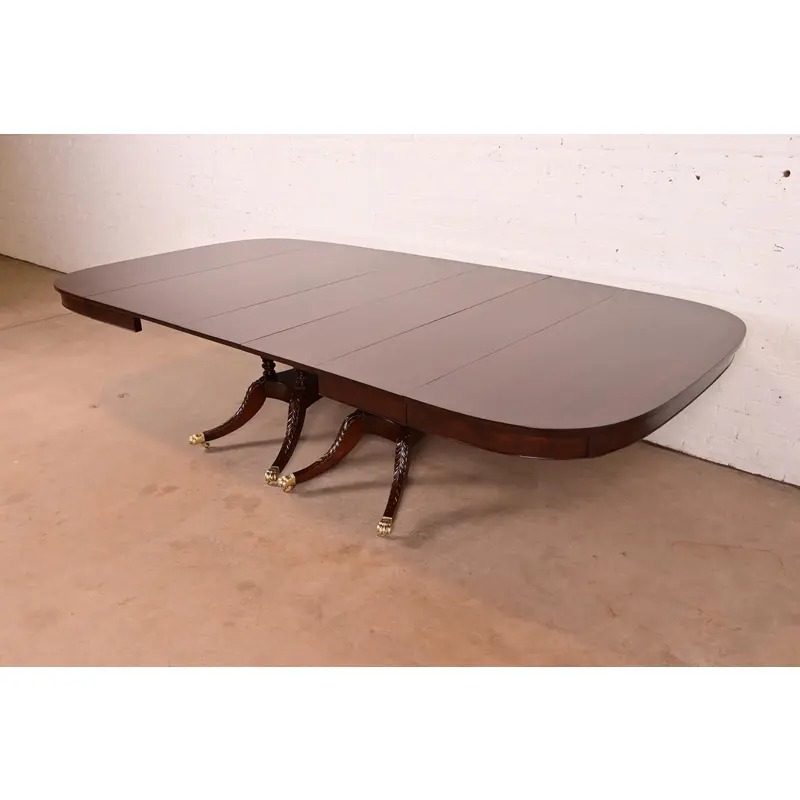 Baker Furniture Style Georgian Mahogany Double Pedestal Extension Dining Table, Newly Refinished - Image 3