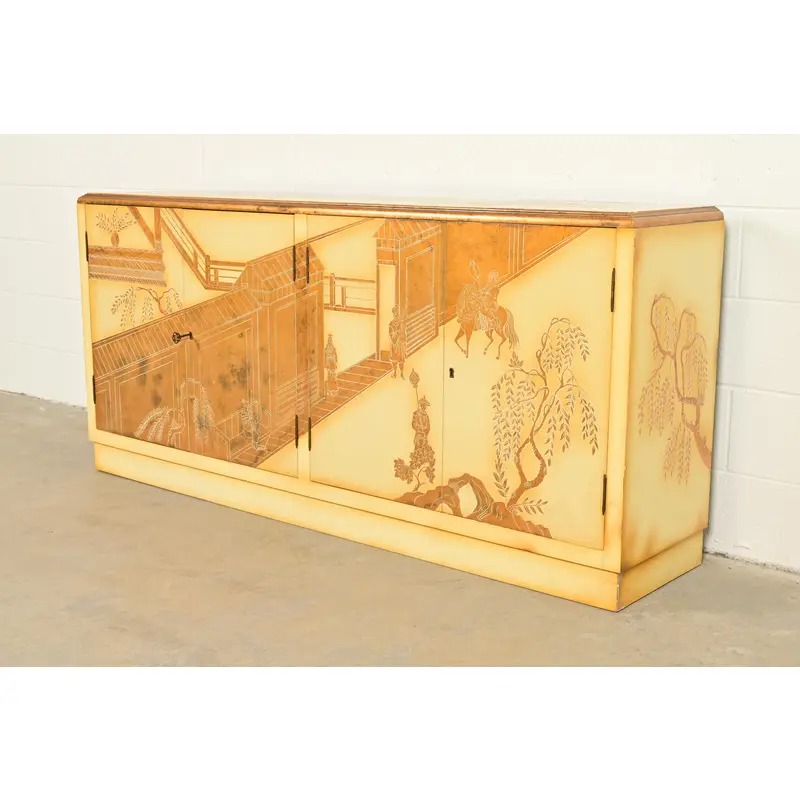 Baker Furniture Style Hollywood Regency Chinoiserie Hand-Painted Cream Lacquered Sideboard Credenza, Circa 1970s - Image 3