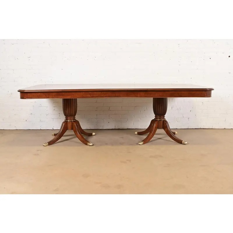 Baker Furniture Style Italian Regency Inlaid Banded Burl Wood Double Pedestal Dining Table, Newly Restored - Image 3