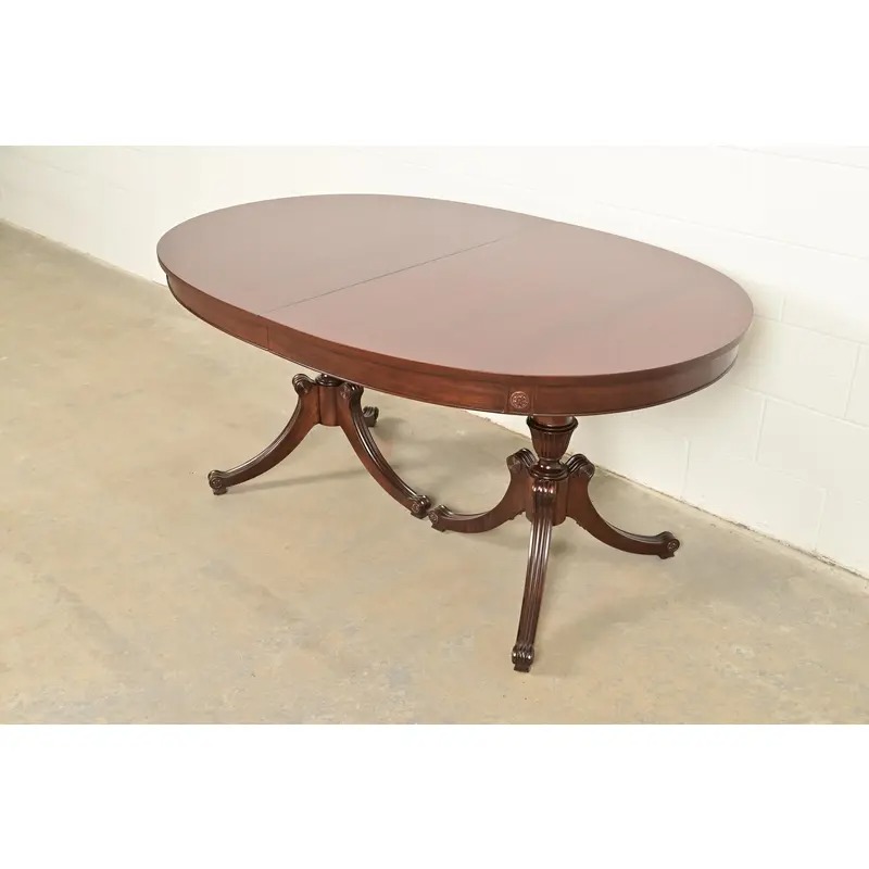 Baker Furniture Style Regency Mahogany Double Pedestal Extension Dining Table, Newly Refinished - Image 3