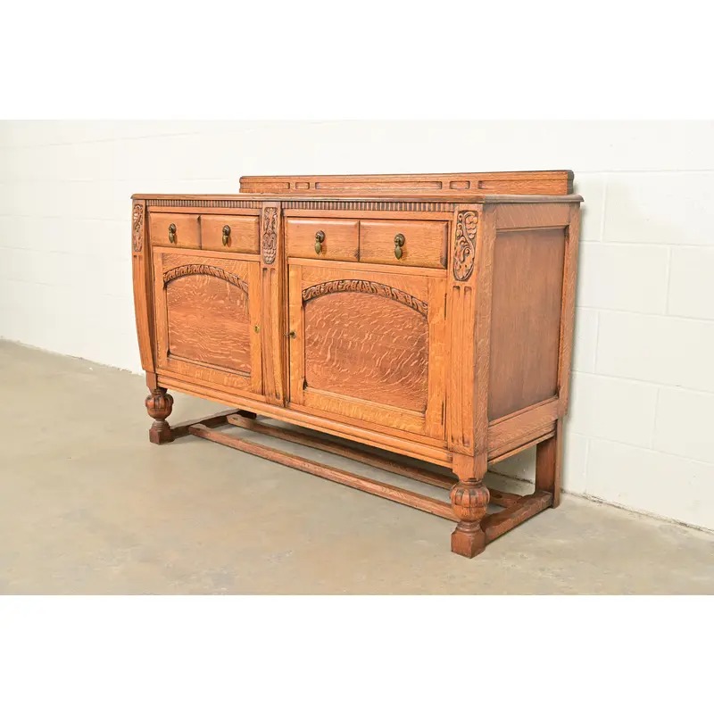 Berkey & Gay Style Antique English Jacobean Carved Oak Sideboard Buffet or Bar Cabinet, Circa 1920s - Image 3