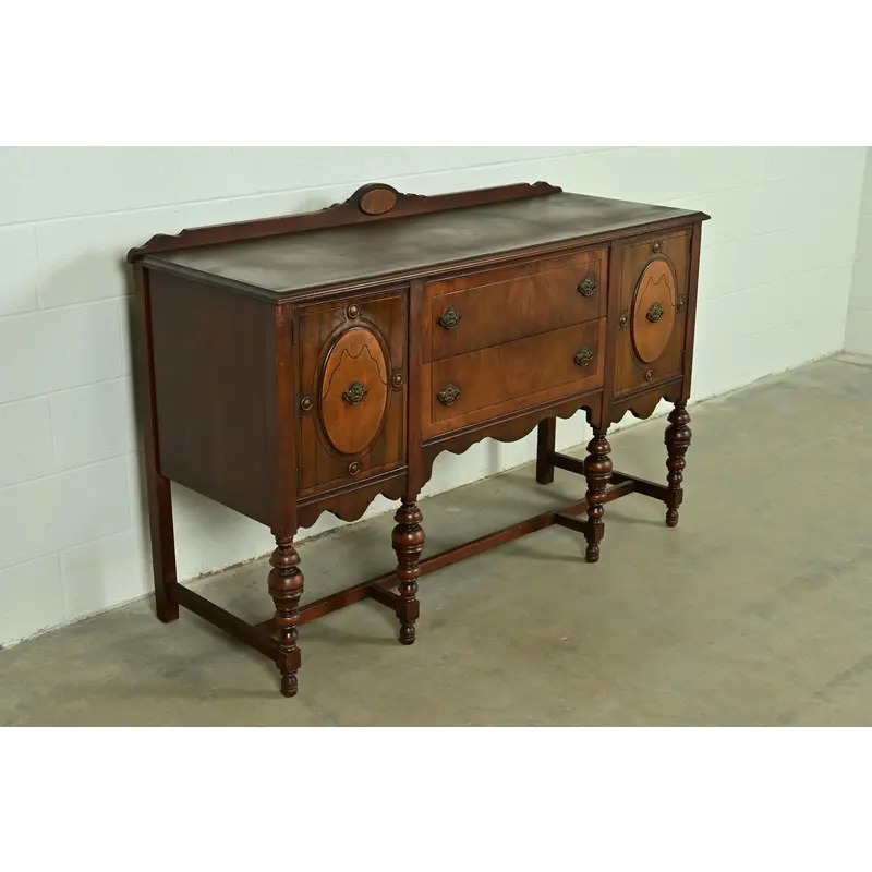 Berkey & Gay Style Antique English Jacobean Carved Walnut and Burl Wood Sideboard, Circa 1920s - Image 3