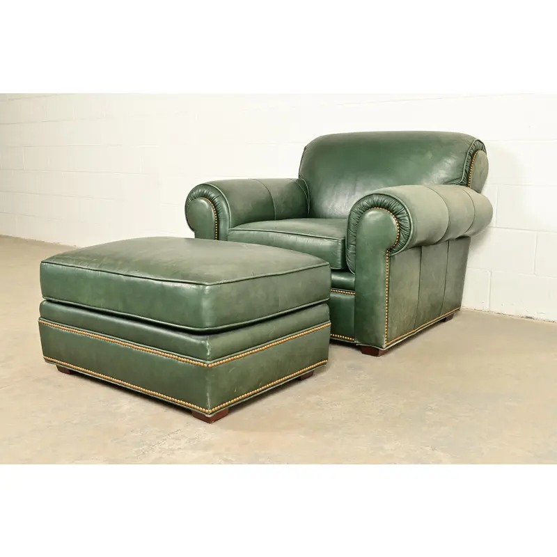 Century Furniture Art Deco Studded Leather Lounge Chair With Ottoman - Image 3