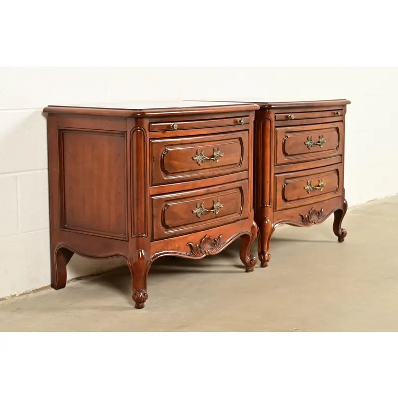 Century Furniture French Provincial Louis XV Carved Cherry Wood Nightstands, Pair - Image 3