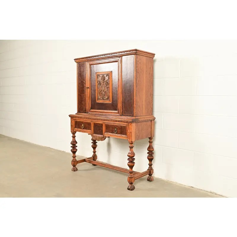 Early Romweber Antique English Jacobean Carved Oak and Burl Wood Bar Cabinet, Circa 1900 - Image 3