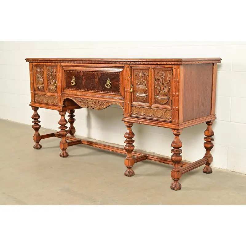 Early Romweber Antique English Jacobean Carved Oak and Burl Wood Sideboard, Circa 1900 - Image 3