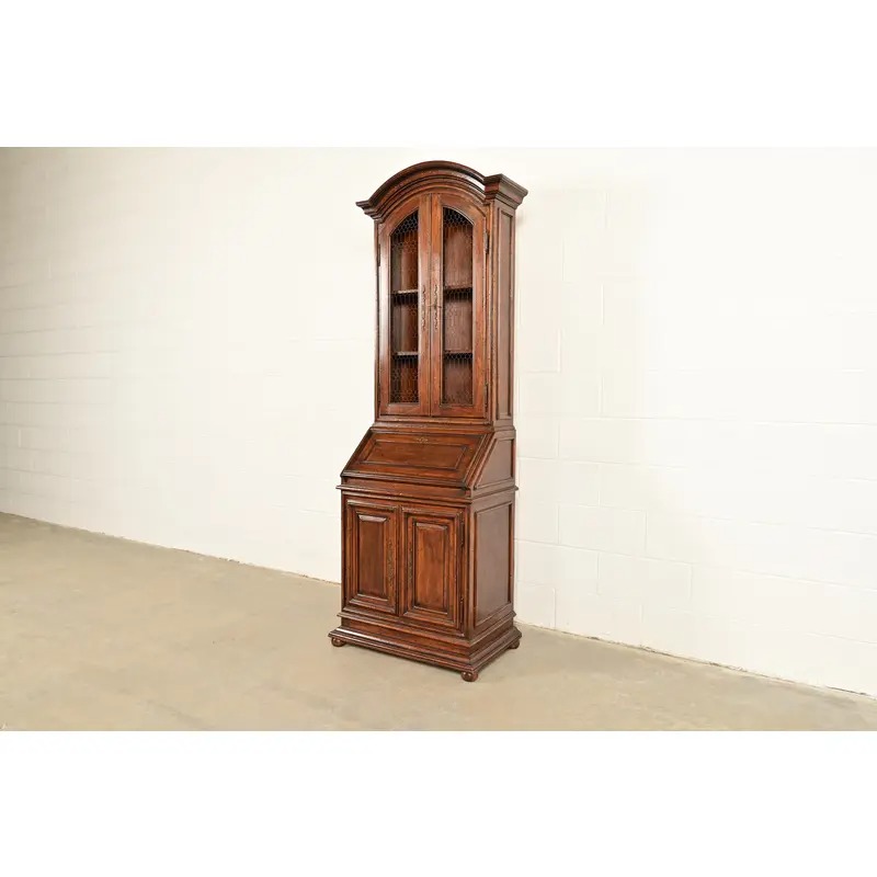 Guido Zichele Style Italian Provincial Carved Walnut Drop Front Secretary Desk With Lighted Bookcase Hutch, Circa 1970s - Image 3